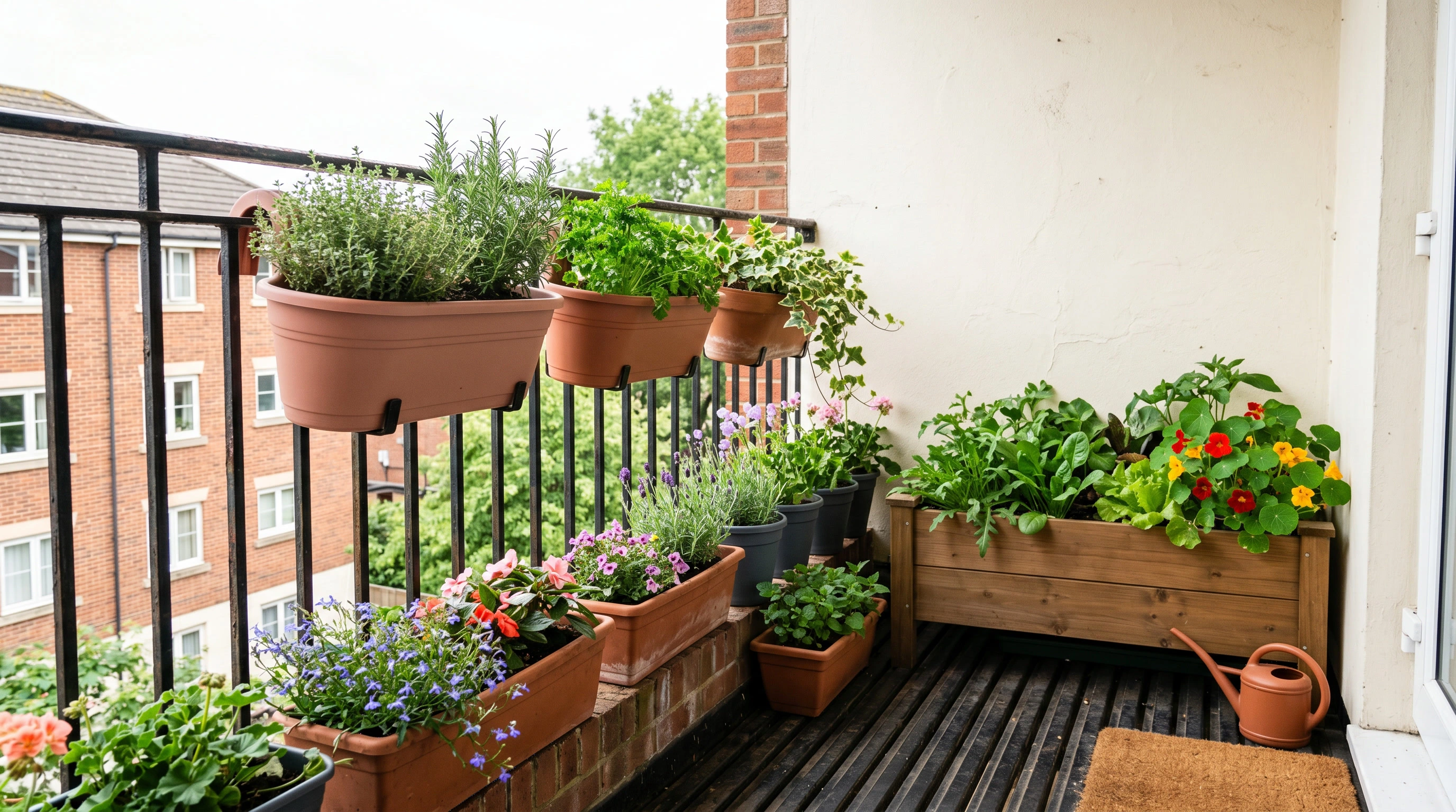 Compact UK-style balcony with railing planters, troughs, lightweight pots and a small raised planter