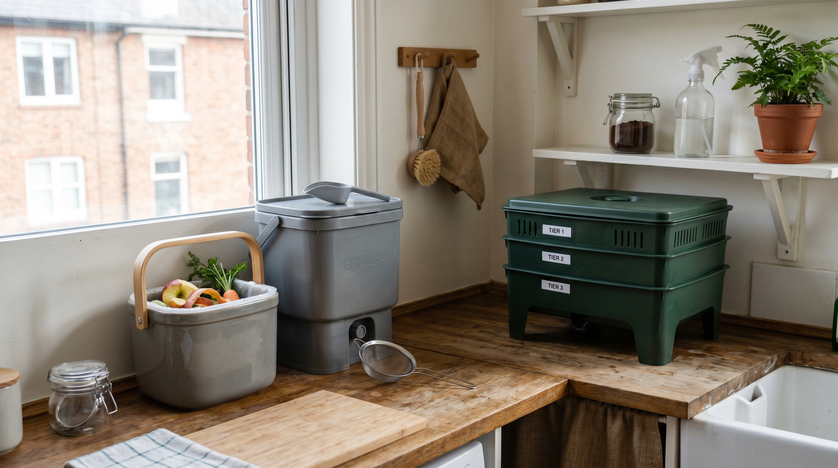 Compact UK flat kitchen with a countertop caddy, bokashi bin and small indoor composting setup