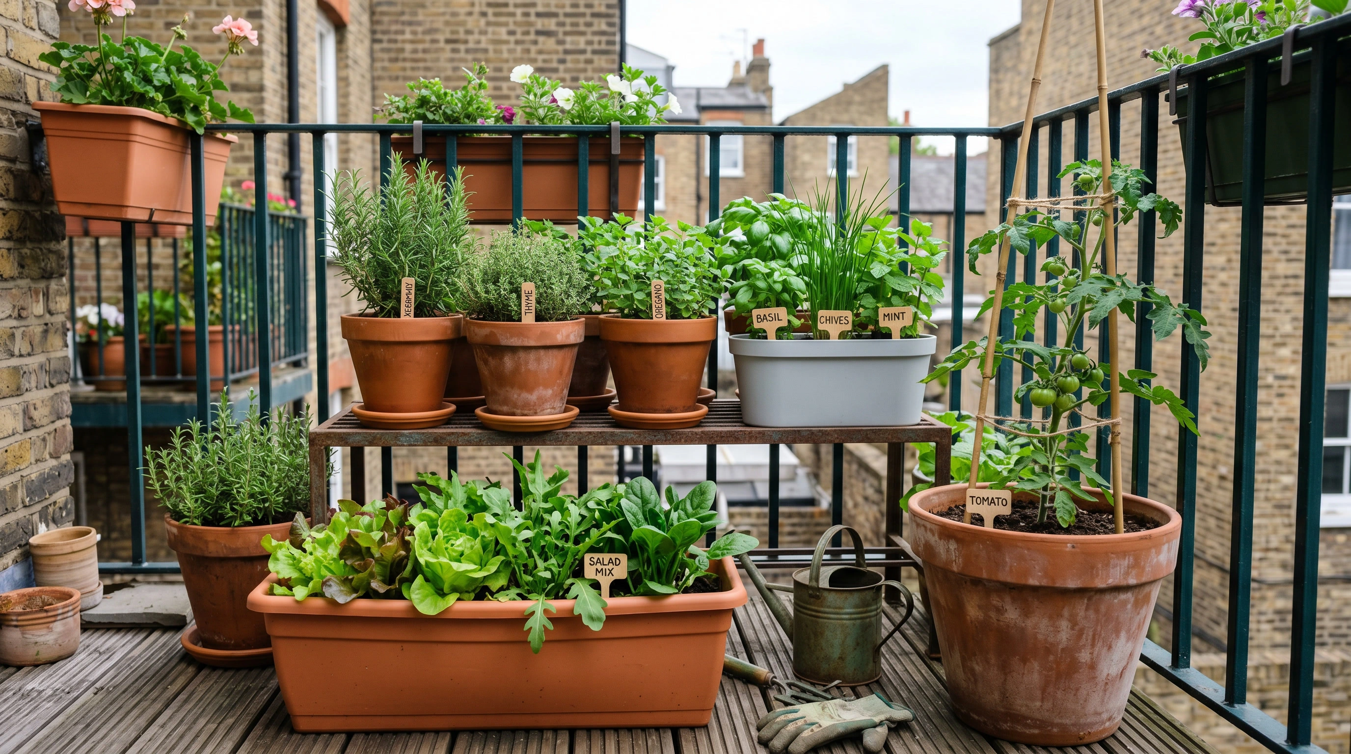 Beginner-friendly container garden on a compact UK balcony with herbs, salad leaves and a young tomato plant in pots