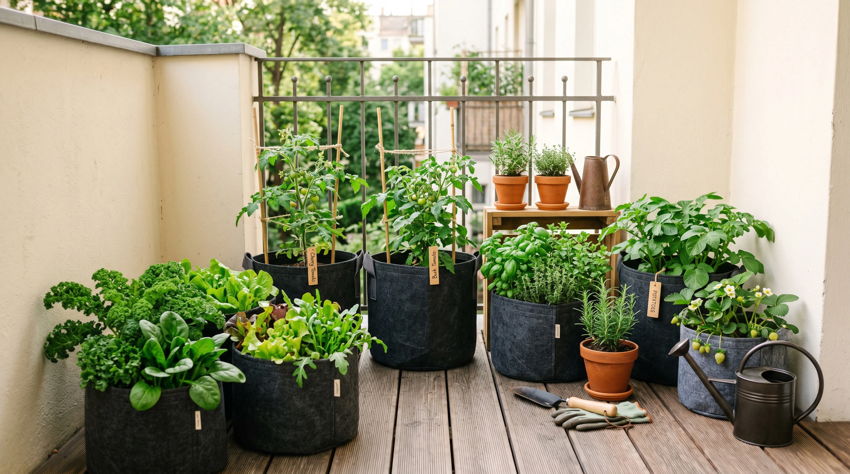 Several vegetable grow bags arranged neatly in a small patio or balcony corner