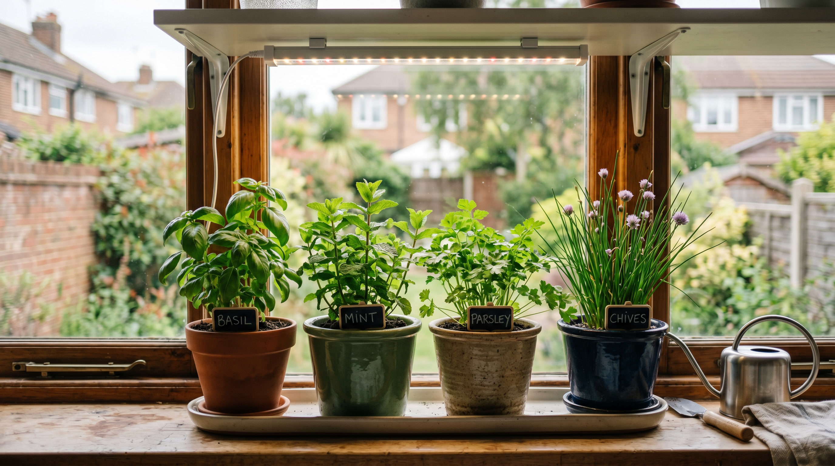 Indoor herb pots on a windowsill with a compact grow light above them