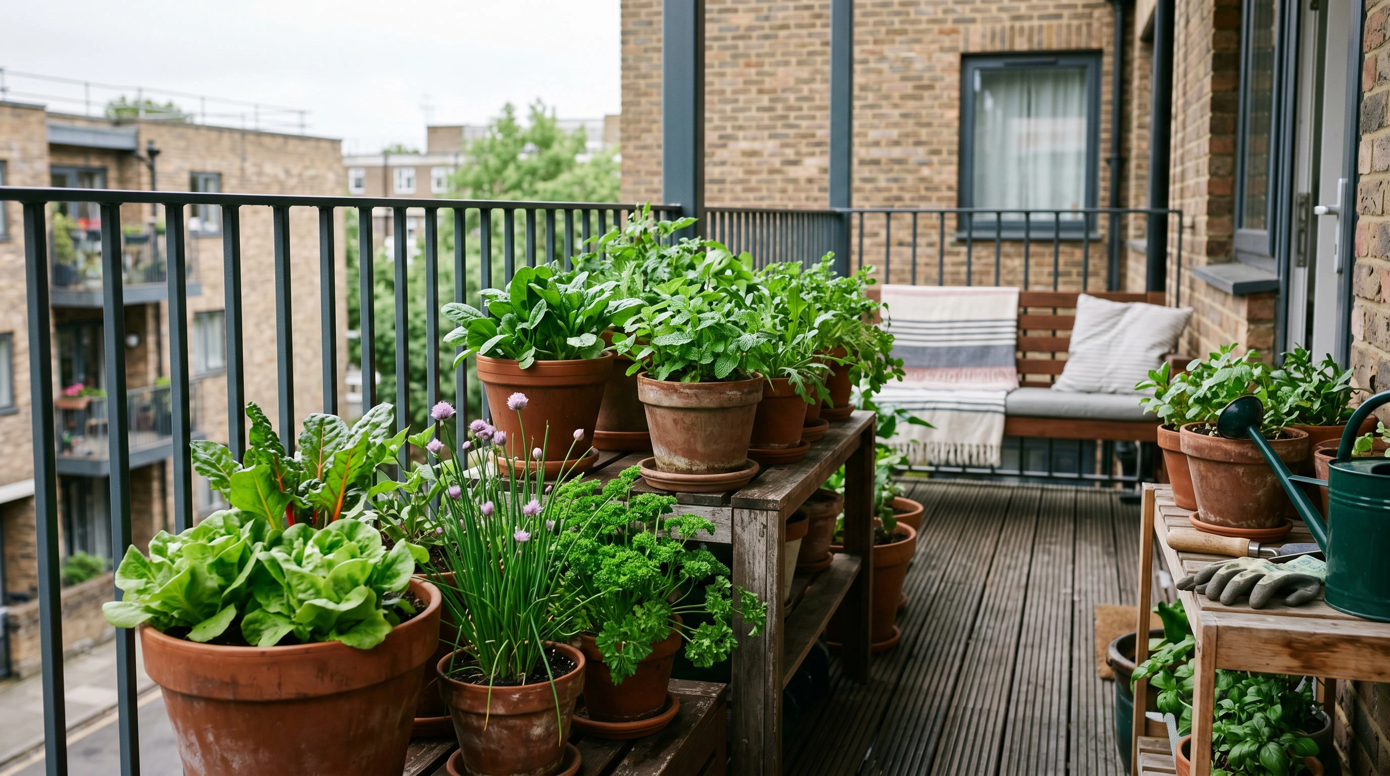 Mint and other shade-tolerant herbs growing in containers on a cool balcony