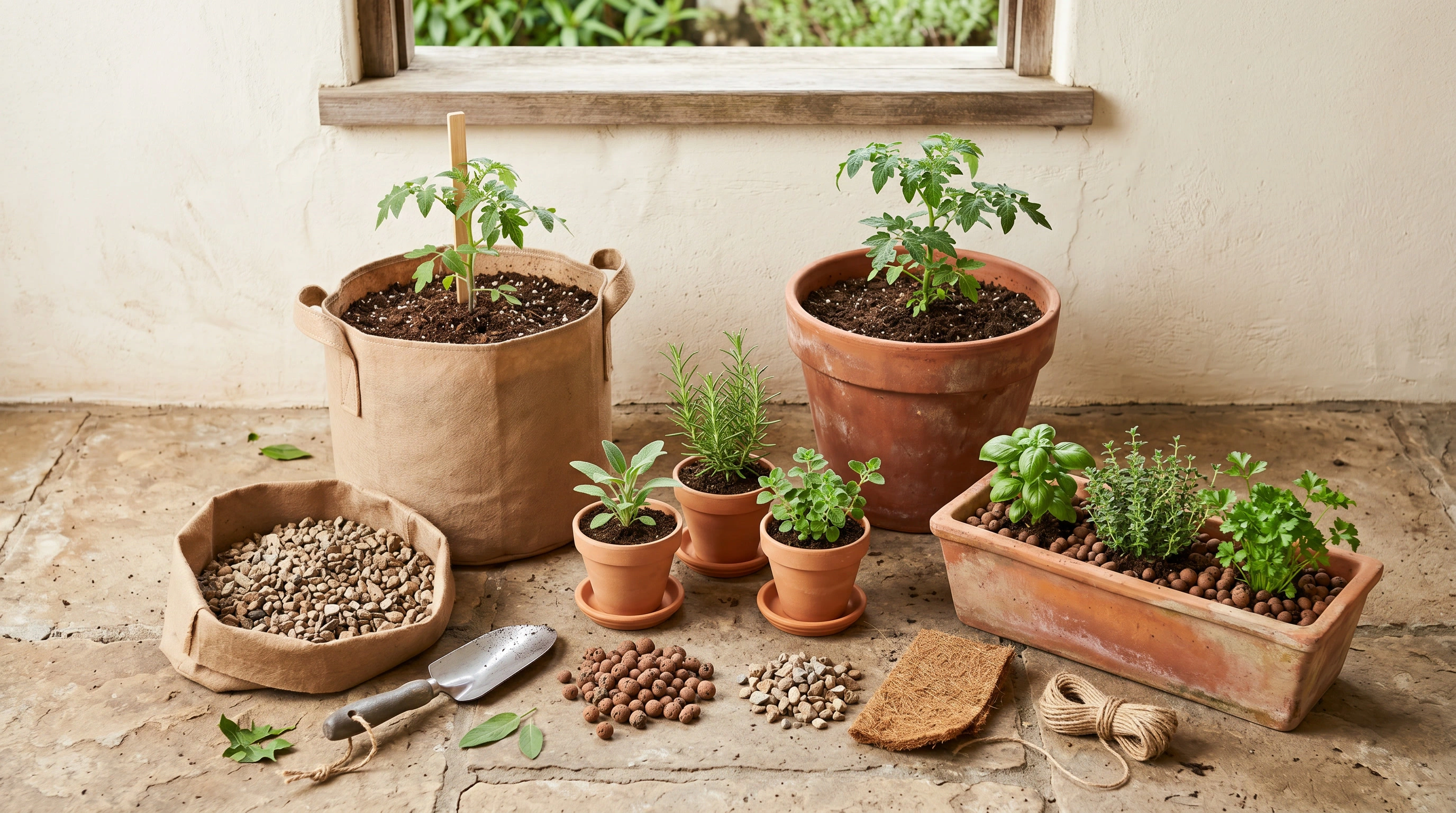 Pots, compost, labels and small-space gardening supplies arranged for container growing