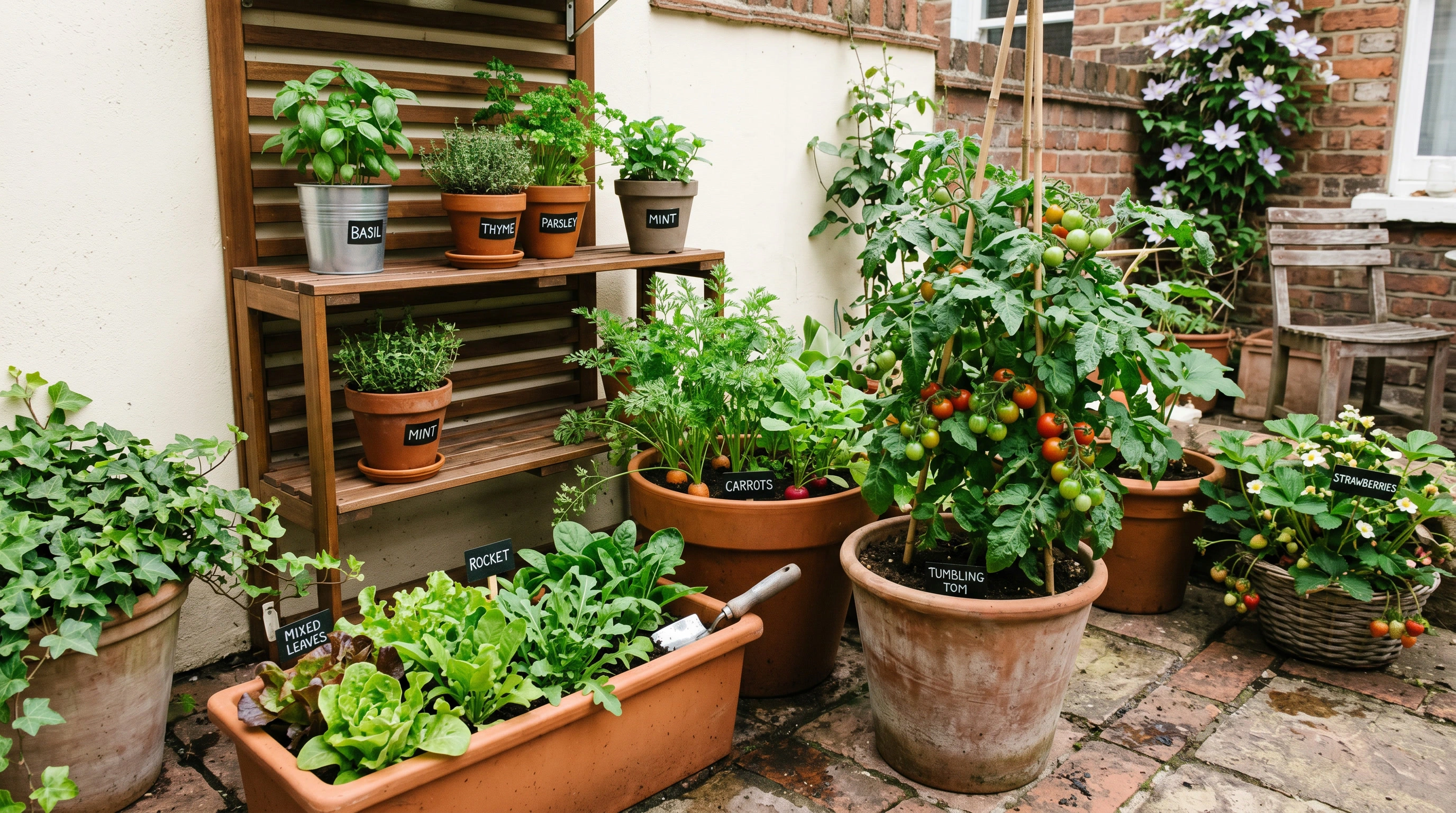 Small balcony container garden with salad leaves, herbs and vegetables for seasonal growing