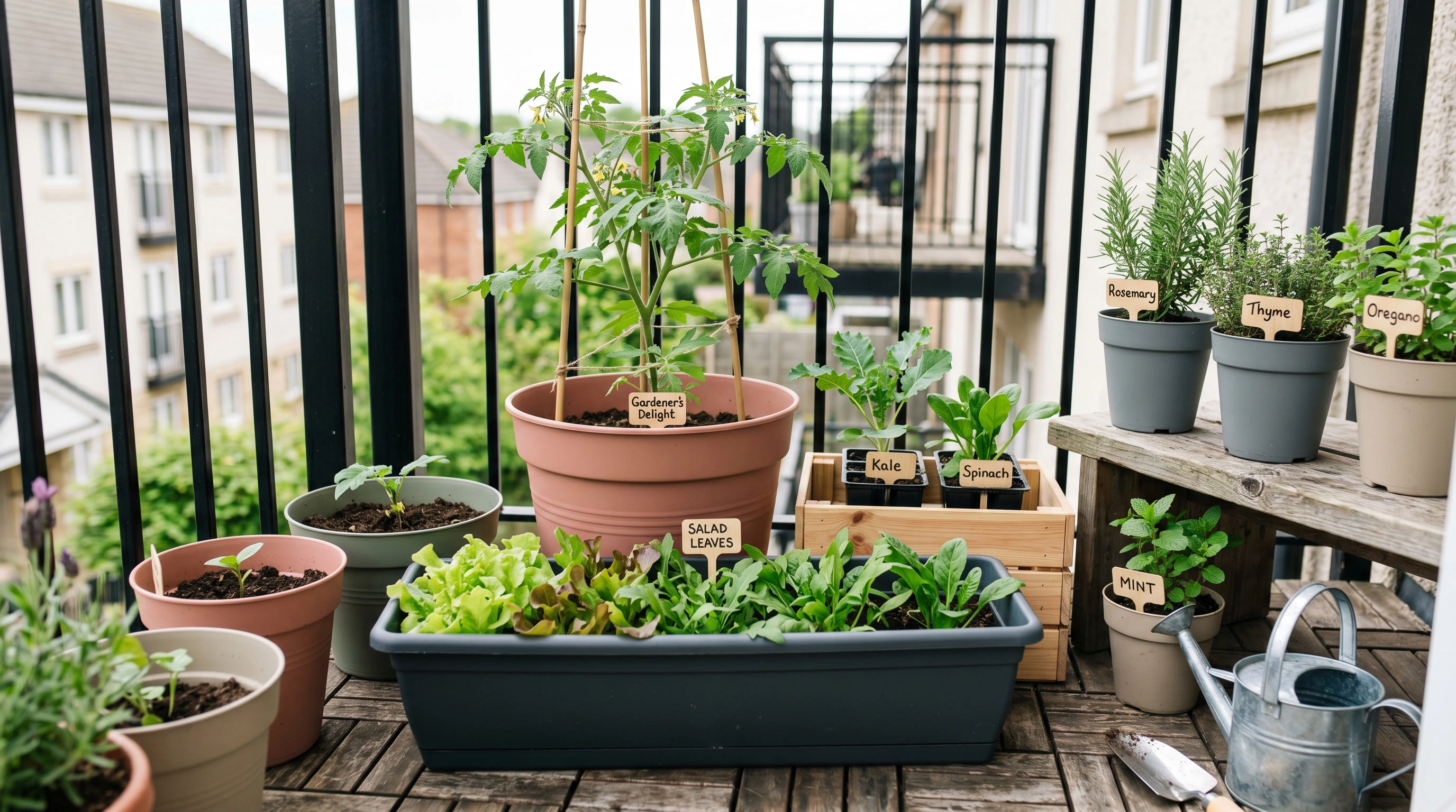 Small-space vegetable garden made entirely from pots and containers on a compact balcony or patio