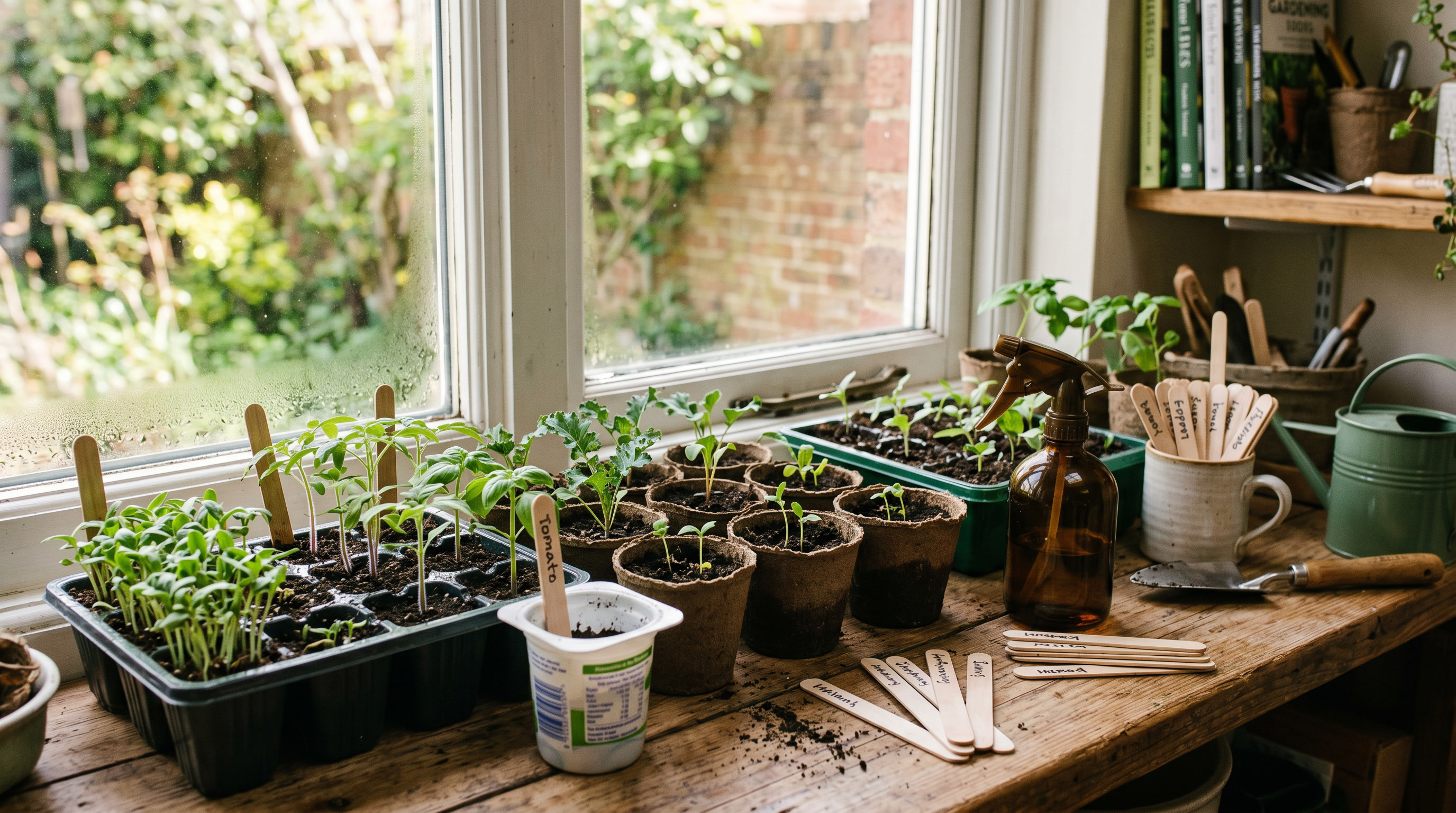 Indoor seed-starting setup with seed trays, small pots, labels and young seedlings on a windowsill