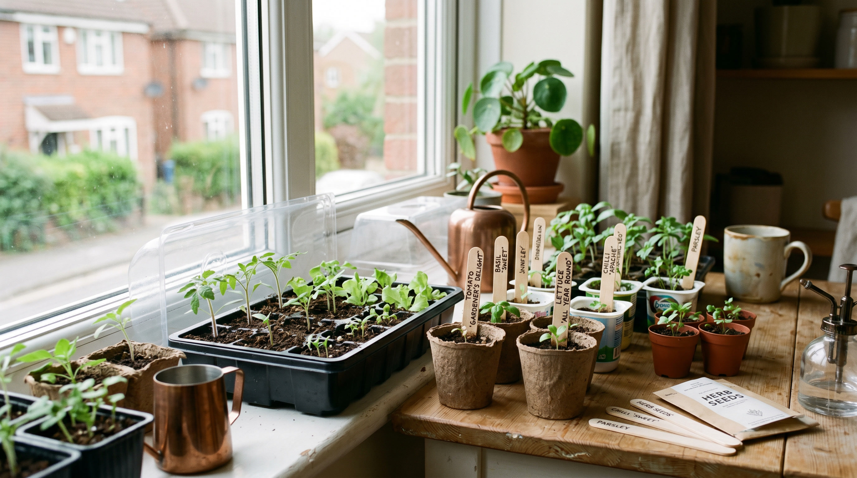 Seed trays and small pots arranged on a bright windowsill for starting plants indoors