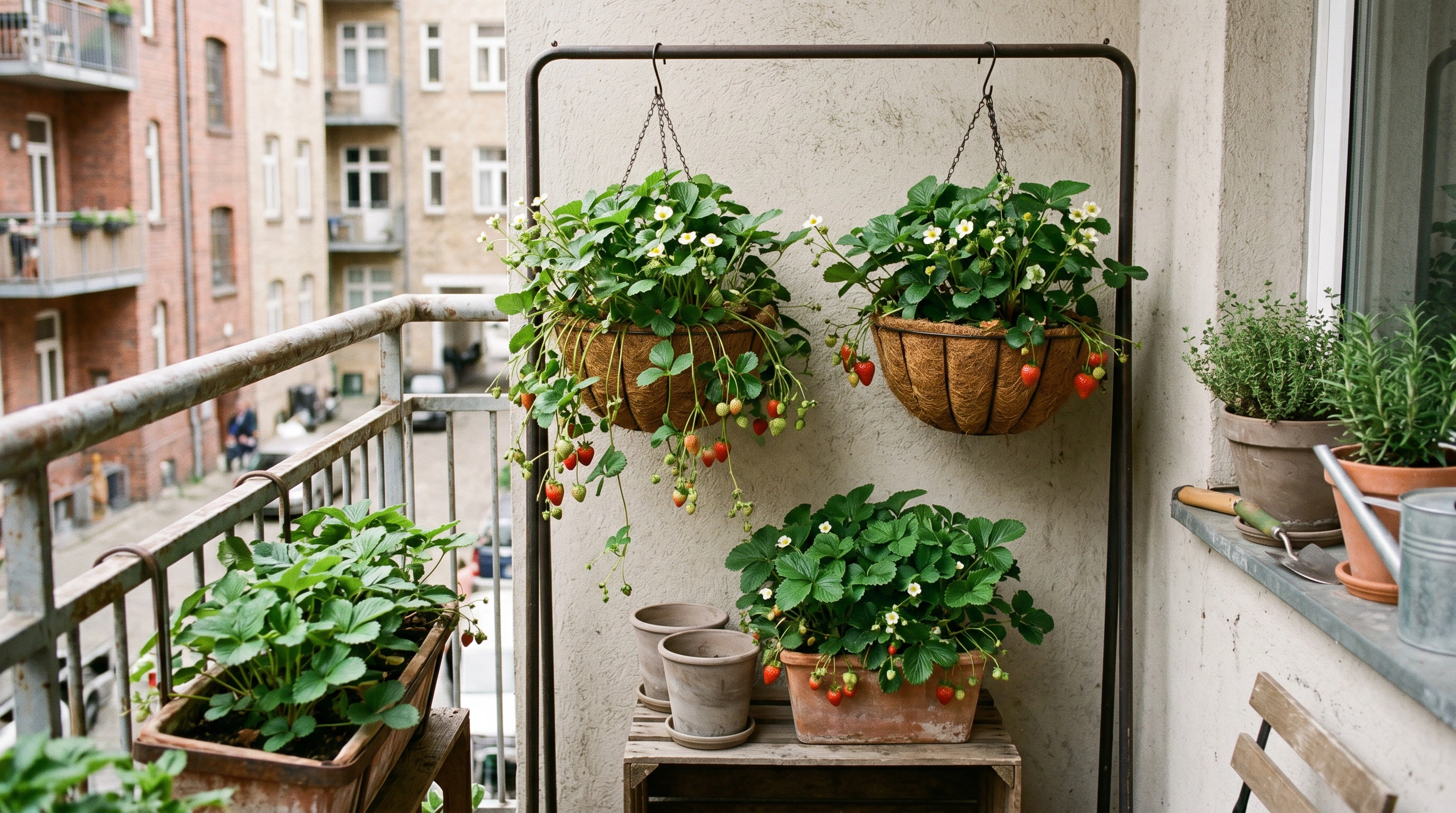Strawberry plants fruiting in hanging baskets on a compact urban balcony