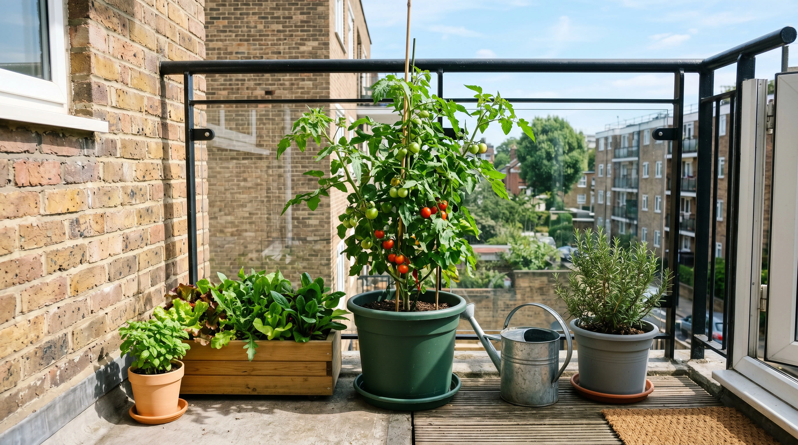 Sunny balcony containers with herbs, salad leaves and a tomato plant in strong light