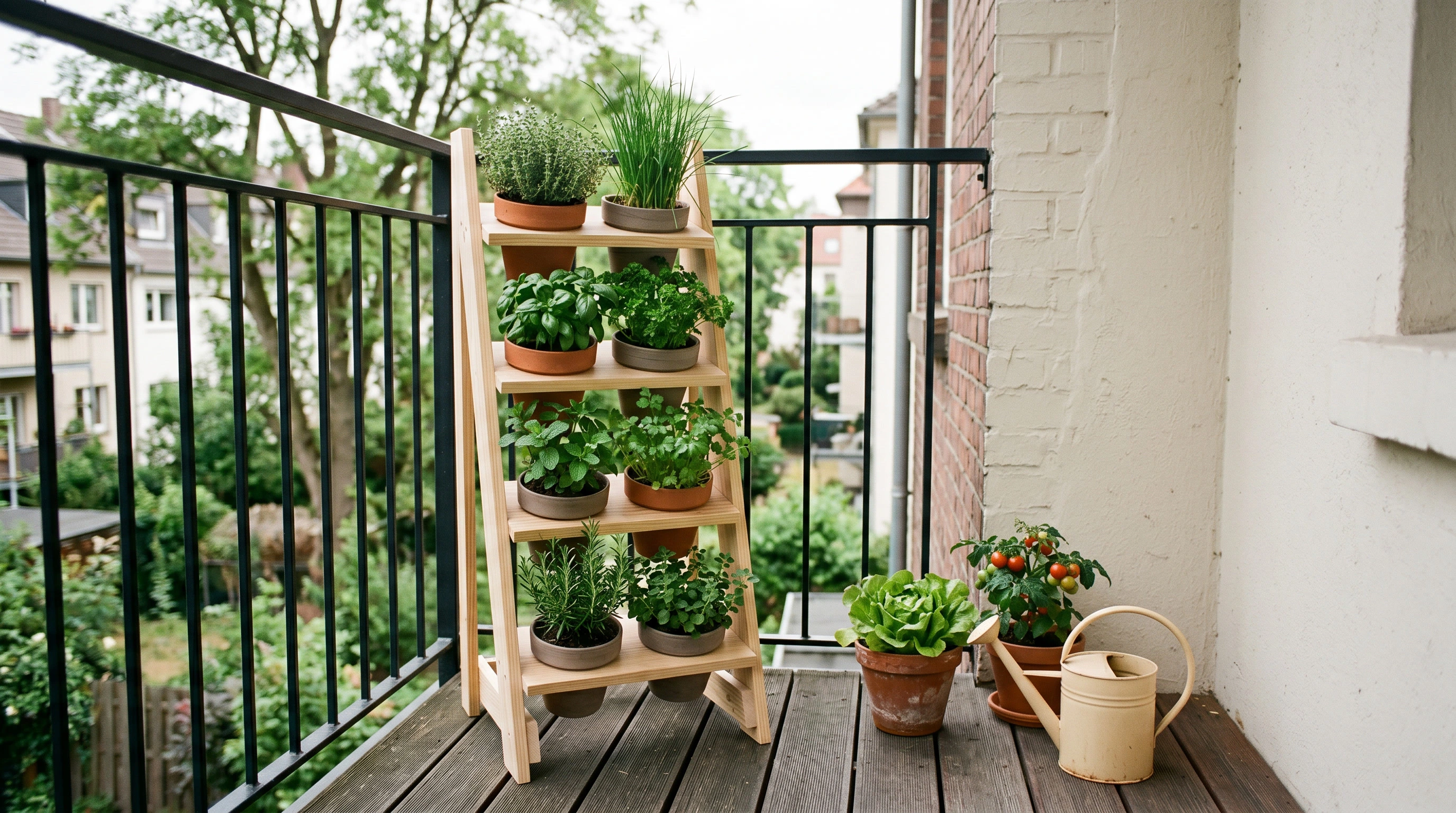 Potted herbs arranged neatly on a freestanding planter in a small outdoor space