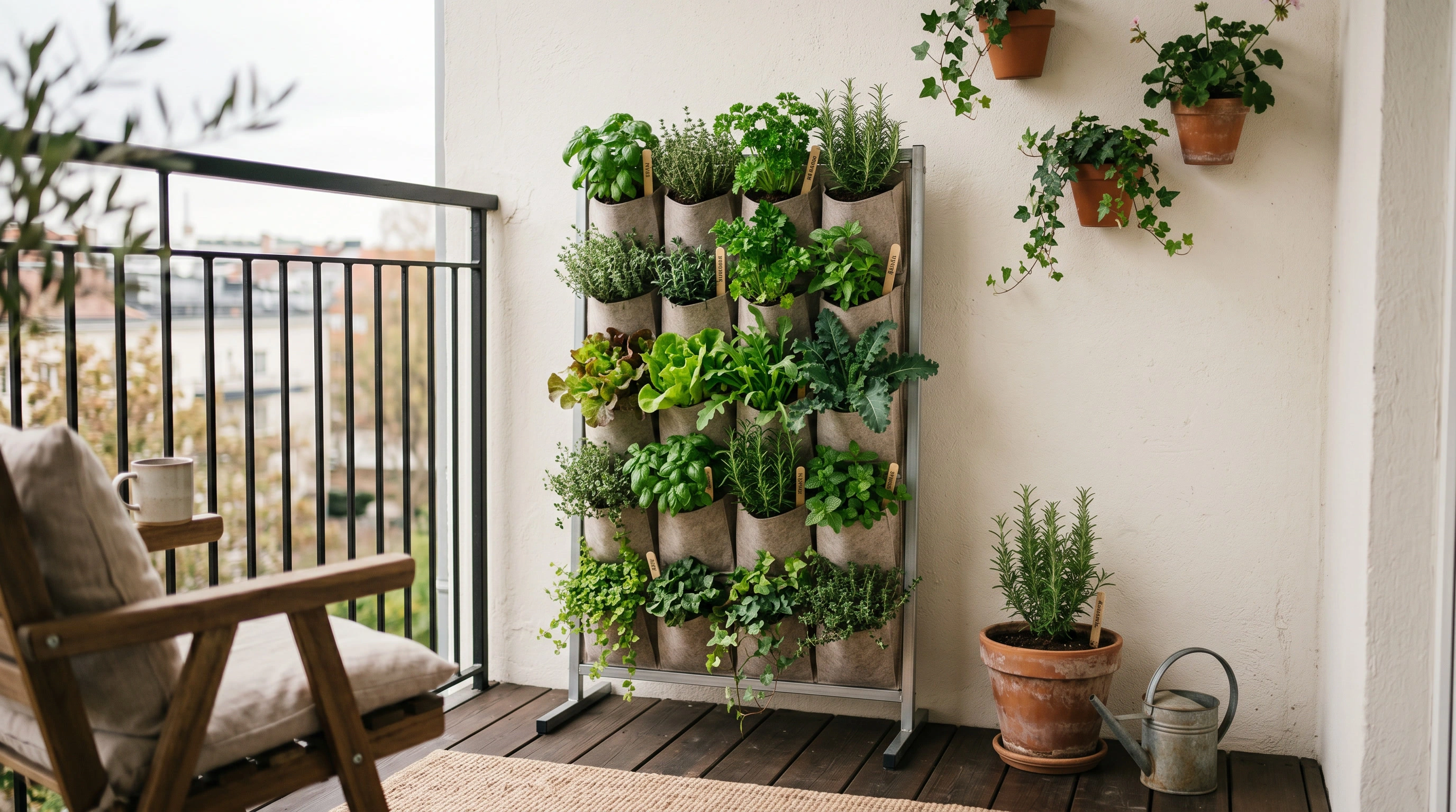 Compact vertical herb planter with basil, parsley, mint and leafy greens in a small space